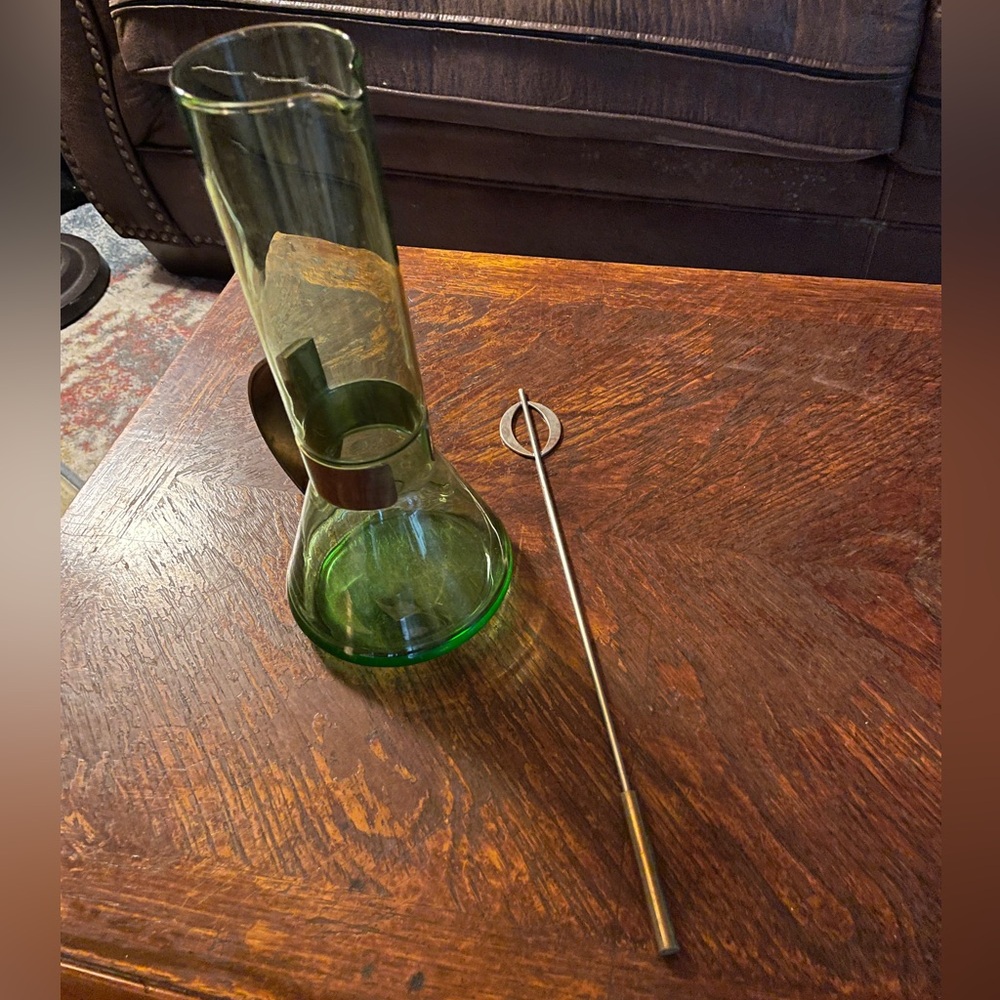 Vintage Green Glass and Brass Pitcher with brass stirrer